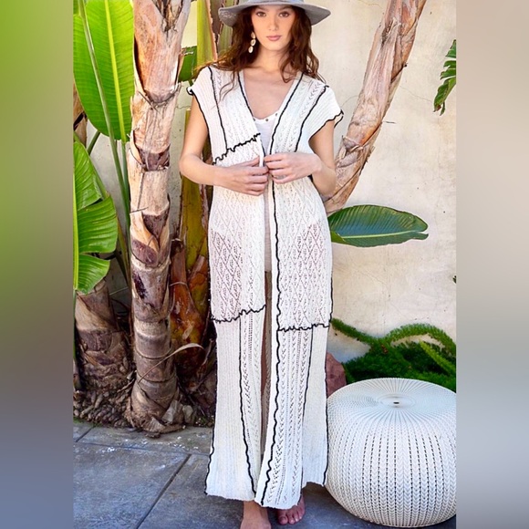 POL Sweaters - POL White + Black Crochet Duster | Sleeveless Boho Knit Cardigan